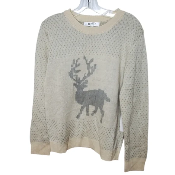Deer jacquard cream womens holiday cozy  large jumper vintage style sweater 042 - Picture 2 of 8